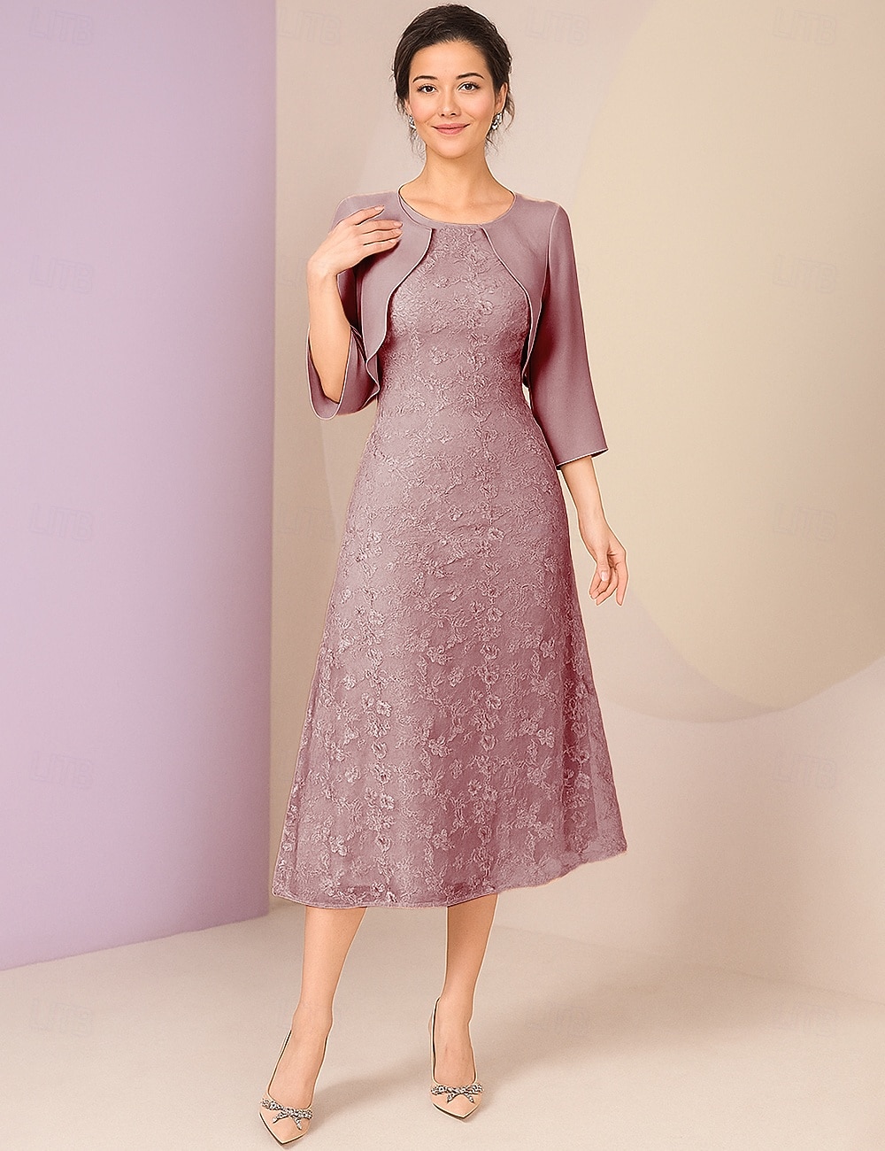 Vestido de fiesta A-line hasta el tobillo vestido de cóctel vestido de invitada de boda vestido de madre de la novia manga 3/4 escote redondo elegante formal encaje con encaje 2026 - $103.99 –P9