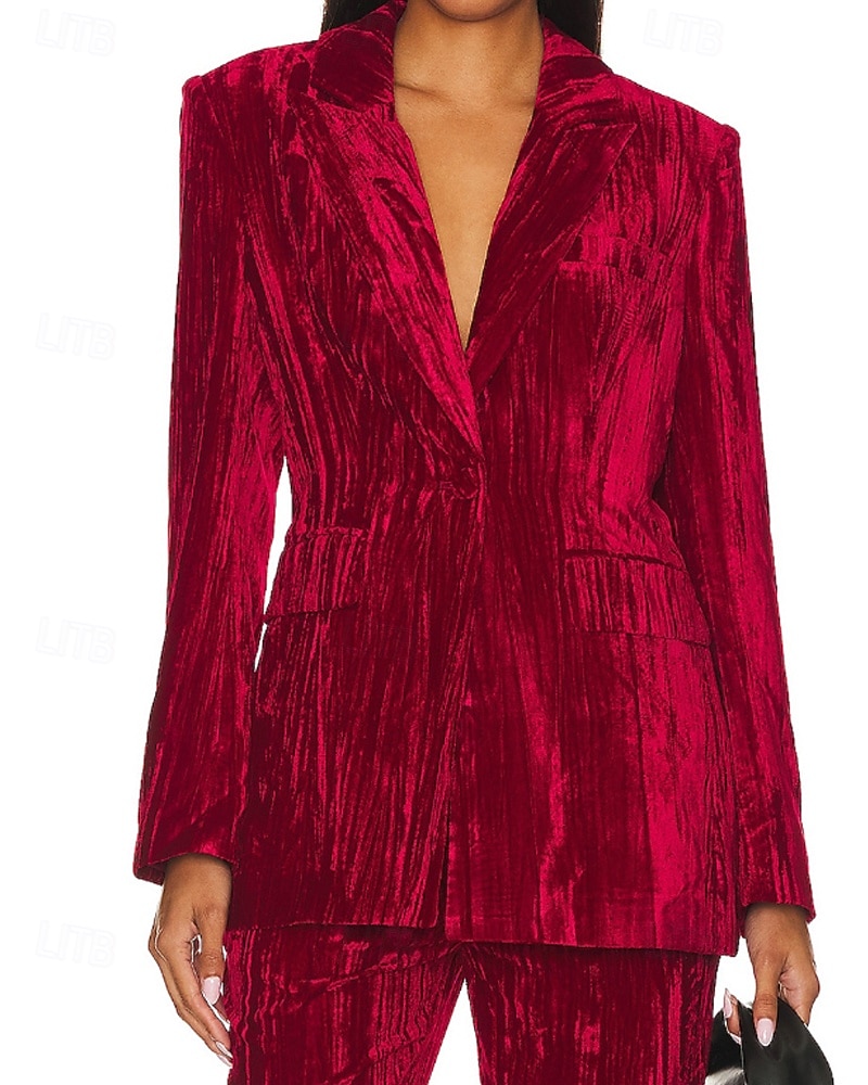 Dames Blazer Fluwelen blazers Comfortabel Zak Knop Modieus Effen Formeel Buiten Normaal Strijkijzer Normale pasvorm Lange mouw bovenkleding Zwart Wit Wijn Herfst Winter 2026 - $36.99 –P6