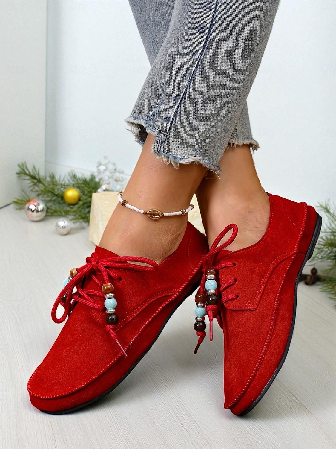 Rote Mokassin-Loafer für Damen mit Perlenschnürsenkeln – gemütliche Urlaubs-Slipper für Damen – ideal für Weihnachten, Winterkomfort und entspannte Tage 2026 - $24.99 –P5