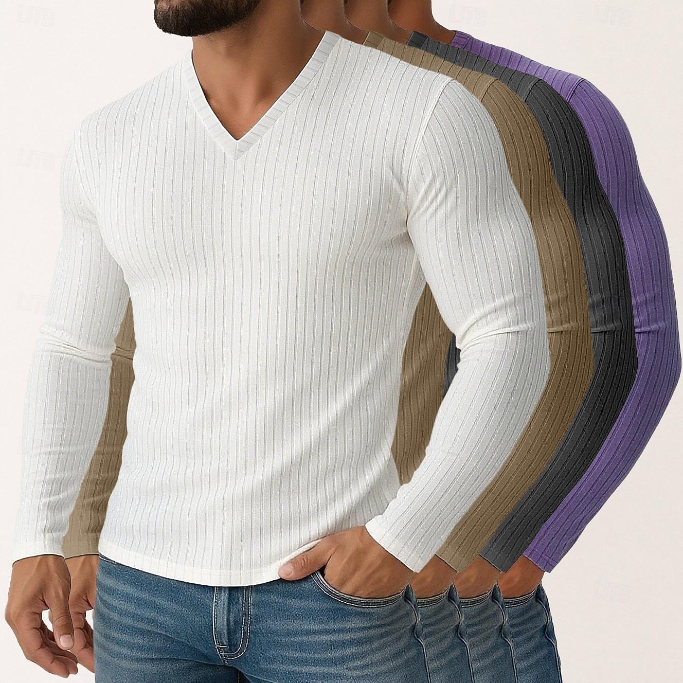 Miesten T-paita Ribbineulos T-paita Pitkähihainen paita Pitkähihainen V kaula-aukko Kevät Syksy Talvi Tavallinen Pit Strip Muoti Suunnittelija Perus 4-osainen Monipakkaus Loma Katu Kausaliteetti 8 2025 - $61.99 –P5