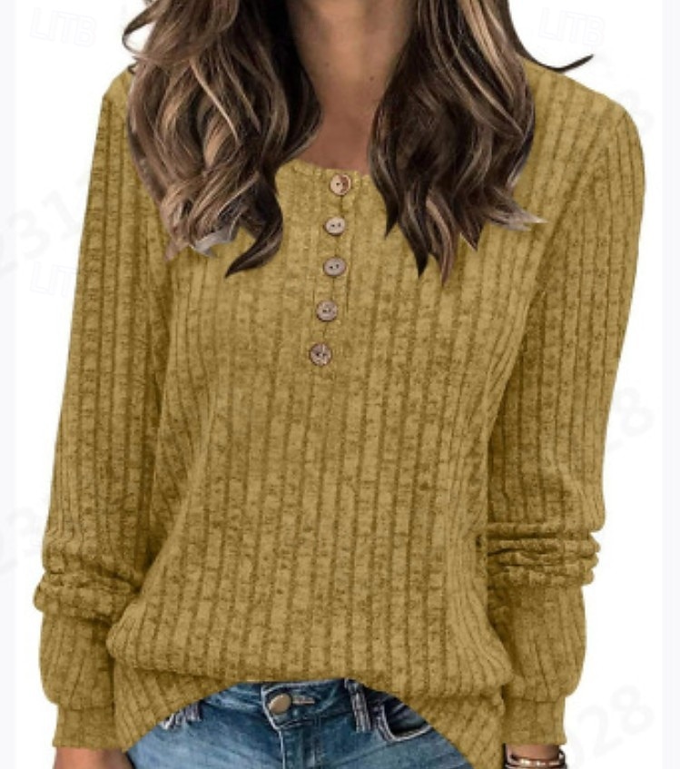 Dam Blus Ensfärgat Stylish Ledigt Långärmad Rund hals Vanliga toppar Dagligen Knappar Svart Gul Ljusgrön Rubinrött Blå Vår Höst Vinter 2025 - $9.99 –P7