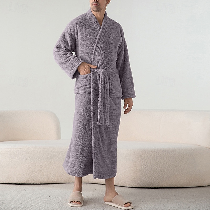 Férfi Pizsamák Fürdőruha Sima Divat Stílusos Klasszikus Otthon Napi Ágy Flanel Poliészter Melegen tartani Mokaszinok Mekano V-alakú Hosszú ujj Ősz Tél Sárga Bíbor 2025 - $47.99 –P2