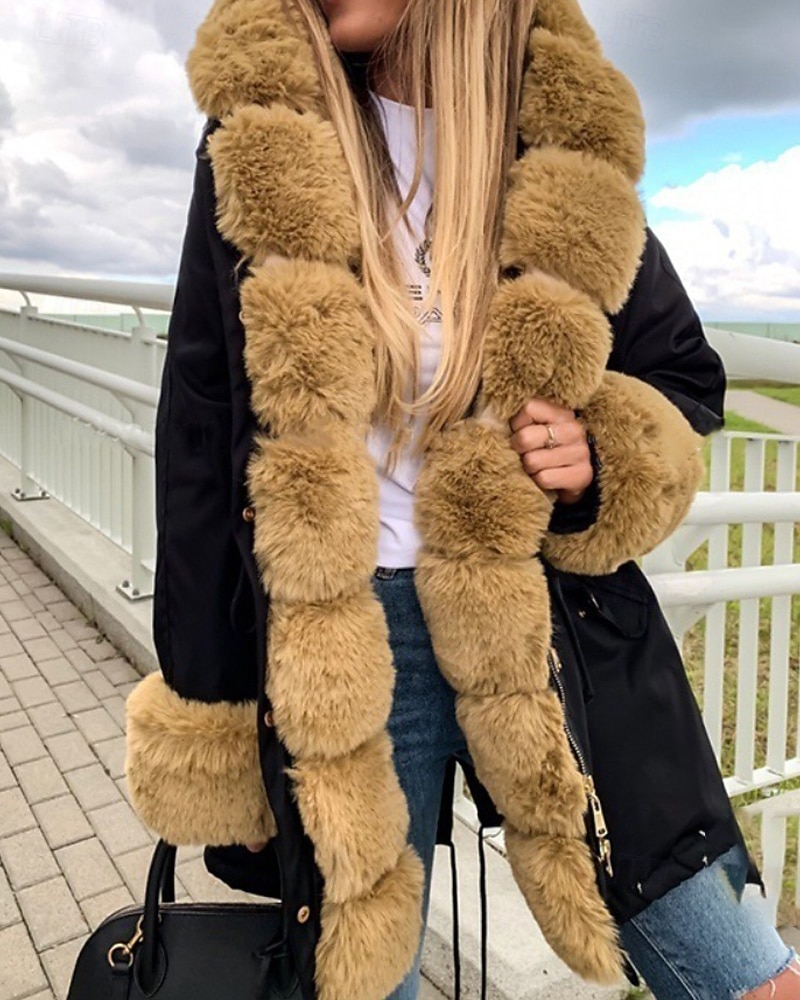 Dame Vinterfrakk Frakk Fuskepels Hold Varm Bekvem Lomme Knapper Fritid Fargeblokk Feriereise Gate Avslappet Ferie Lang Med hette Normal Langermet Yttertøy Svart Rosa Brun Høst Vinter 2025 - $98.99 –P2