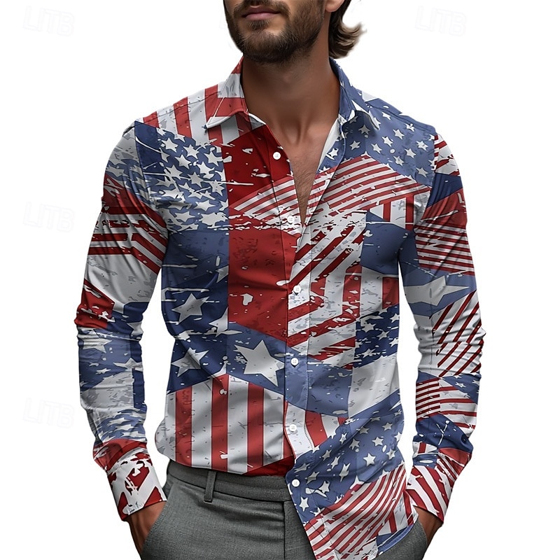 2026年 メンズ アメリカンフラッグ シャツ カジュアルシャツ ビーチシャツ ロングスリーブ カジュアル 快適 バケーション ストリート ハワイアン スプリング フォール ラペル プリント 赤 青  コレクション – $27.99 –P1