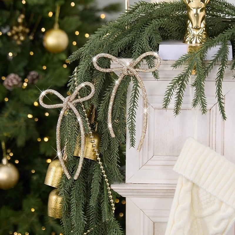 6 stk. julesløyfedekorasjon champagne gull glitrende strass-sløyfe med metalltrådsbånddekorasjon egnet for juletrepynt blomstergirlander gaveemballasje 2025 - $14.99 –P2