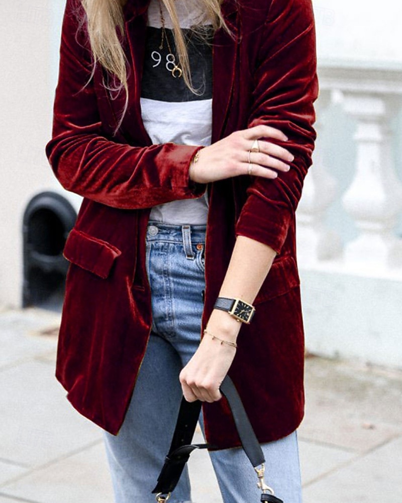 Damen Blazer Samtblazer Bequem Tasche Mode Einfach Party Party / Abend Regulär Umlegekragen Normale Passform Langarm Oberbekleidung Blau Schwarz Wein Herbst Winter 2026 - $33.99 –P3