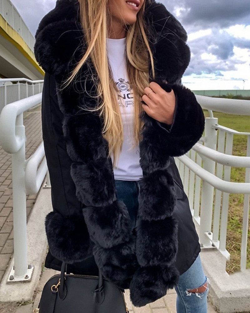 Dame Vinterfrakk Frakk Fuskepels Hold Varm Bekvem Lomme Knapper Fritid Fargeblokk Feriereise Gate Avslappet Ferie Lang Med hette Normal Langermet Yttertøy Svart Rosa Brun Høst Vinter 2025 - $98.99 –P3