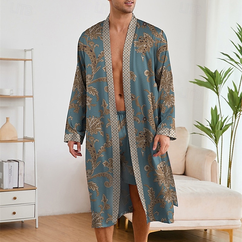 Homme Pyjamas Robe en soie Vêtements de Nuit Robe de bain 1 Pièce Impressions Graphiques Mode Élégant Classique Quotidien Maison Lit Polyester Confort Doux Col en V manche longue Ceinture Incluse de 2026 ? $45.99 –P6