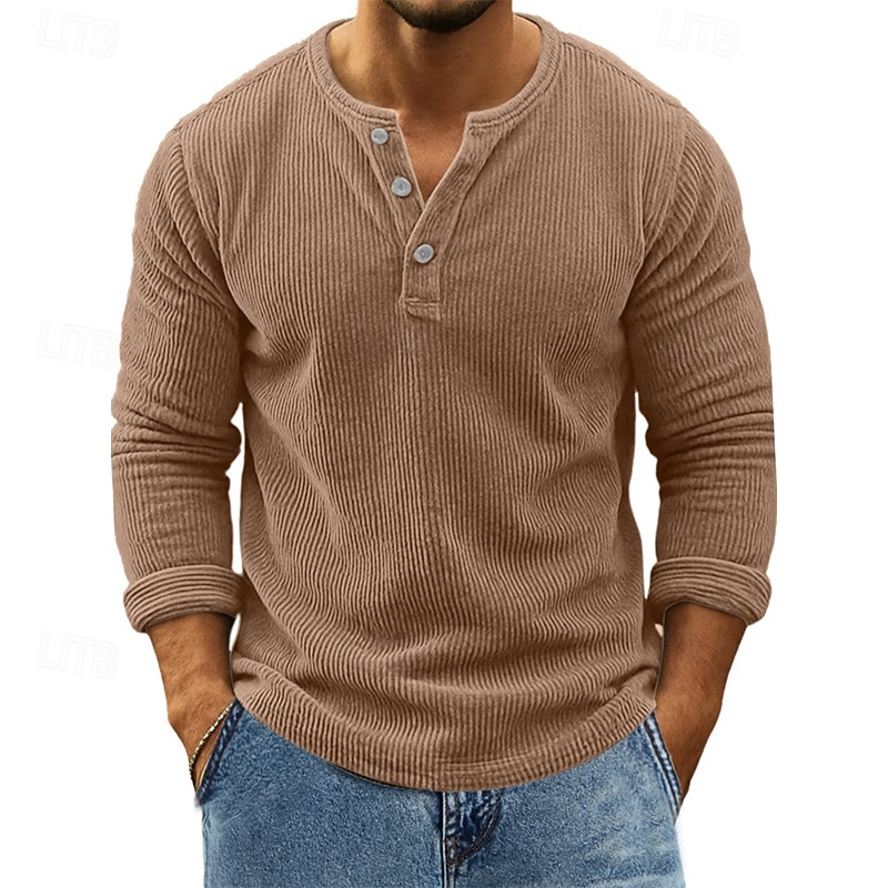 Herren T Shirt Cordhemd Henley Hemd T-Shirt Langarm Henley Frühling Herbst Einfach Mode Designer Basic Knöpfe Urlaub Straße Ausgehen Wein Top T-Shirt für Herren 2026 - $31.99 –P10