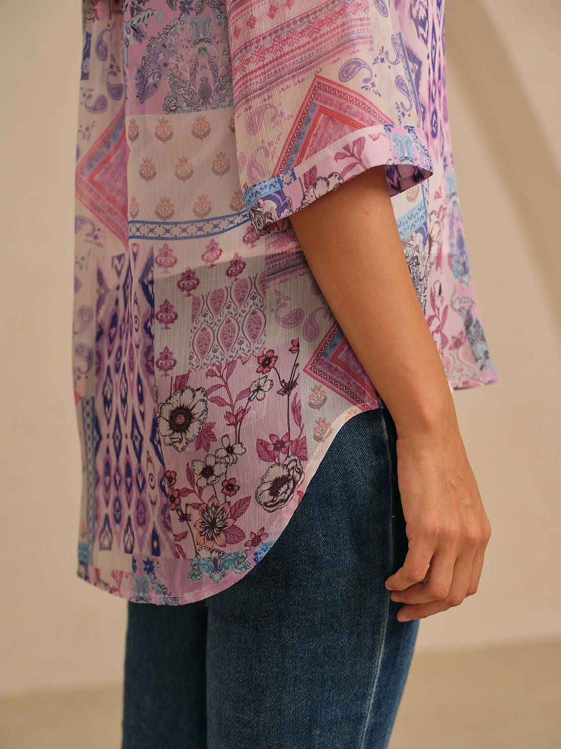 Chemisier femme violet clair bohème combinaison imprimé col chemise devant fausse patte décontracté vacances voyage printemps automne de 2026 ? $91.99 –P7