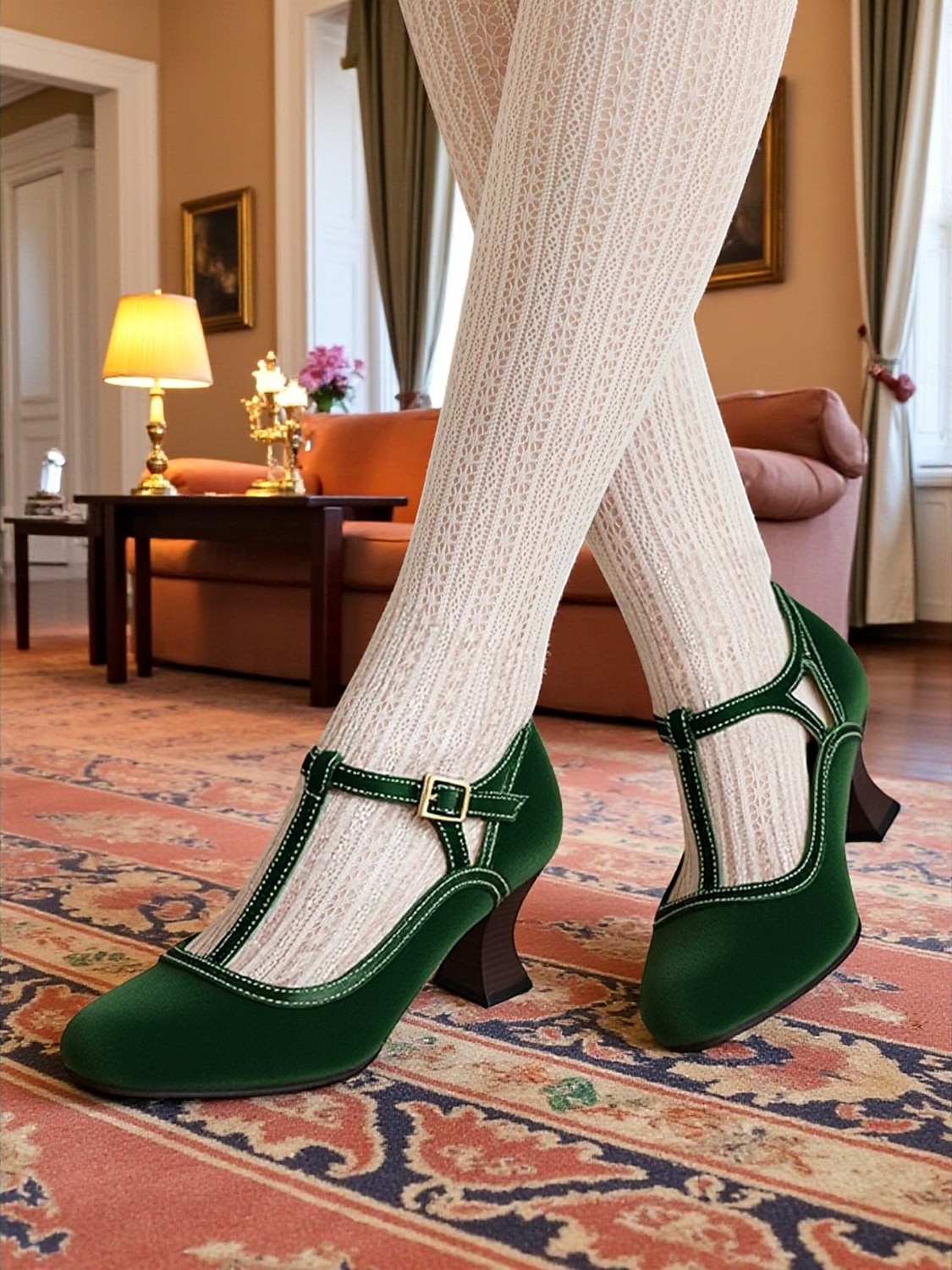 Damskie zielone półbuty typu Mary Jane z paskiem w kształcie litery T, buty w stylu edwardiańskim z lat 30. XX wieku, na średnim obcasie i z okrągłym noskiem, idealne na stylizacje retro, oficjalne 2026 - $54.99 –P3