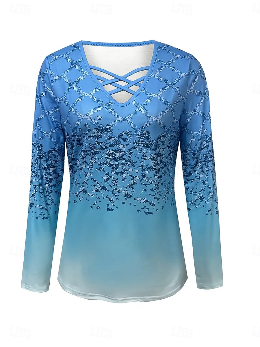Damen T Shirt Ausschnitt Druck Ombre Grafik Vintage Stilvoll Klassisch Langarm V Ausschnitt Normale Oberteile Täglich Blau Frühling Herbst 2026 - $24.99 –P3