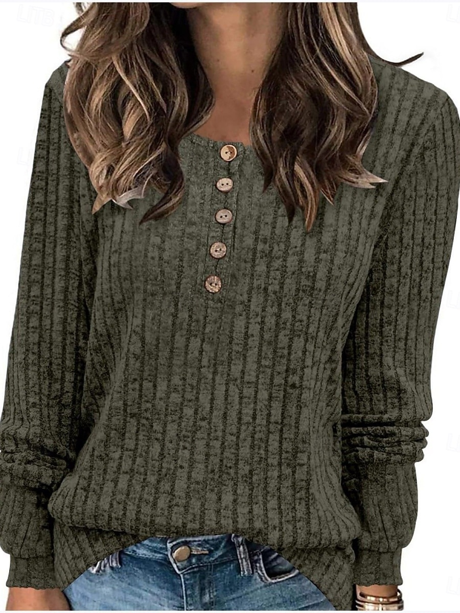 Dam Blus Ensfärgat Stylish Ledigt Långärmad Rund hals Vanliga toppar Dagligen Knappar Svart Gul Ljusgrön Rubinrött Blå Vår Höst Vinter 2025 - $9.99 –P5