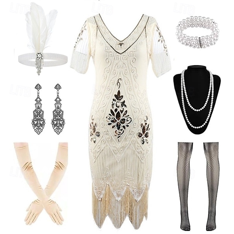 Set Anni Ruggenti Anni 1920 Lunghezza al ginocchio Abito Flapper Abito da cocktail Costume di fantasia con accessori Maniche corte Il grande Gatsby Ragazza Flapper Paillettes Frangia con nappe Scollo del 2026 a $52.99 –P2