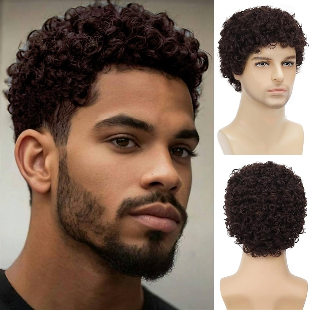 Afrokiharat tummanruskeat miesten lyhyet synteettiset halloween-cosplay-asuperuukit korvaavat hiusperuukit 2026 - $21.99 –P1