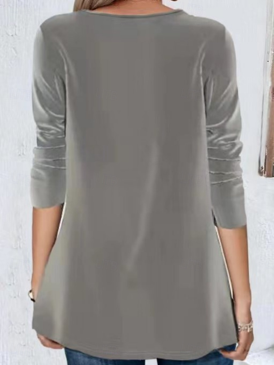 Jul Dam Blus Ensfärgat Elegant Stylish Grundläggande Långärmad Rund hals Vanliga toppar Dagligen Paljetter Lappverk Rubinrött Grön Grå Vår Höst Vinter 2025 - $36.99 –P6