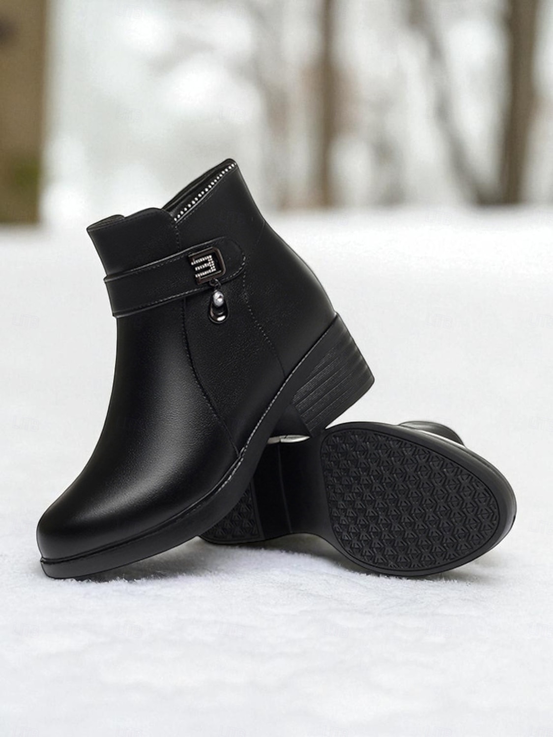 Женские черные кожаные ботильоны с шерстяной подкладкой – застежка-молния, теплые и удобные зимние ботинки для повседневной носки и активного отдыха 2025 - $59.99 –P5