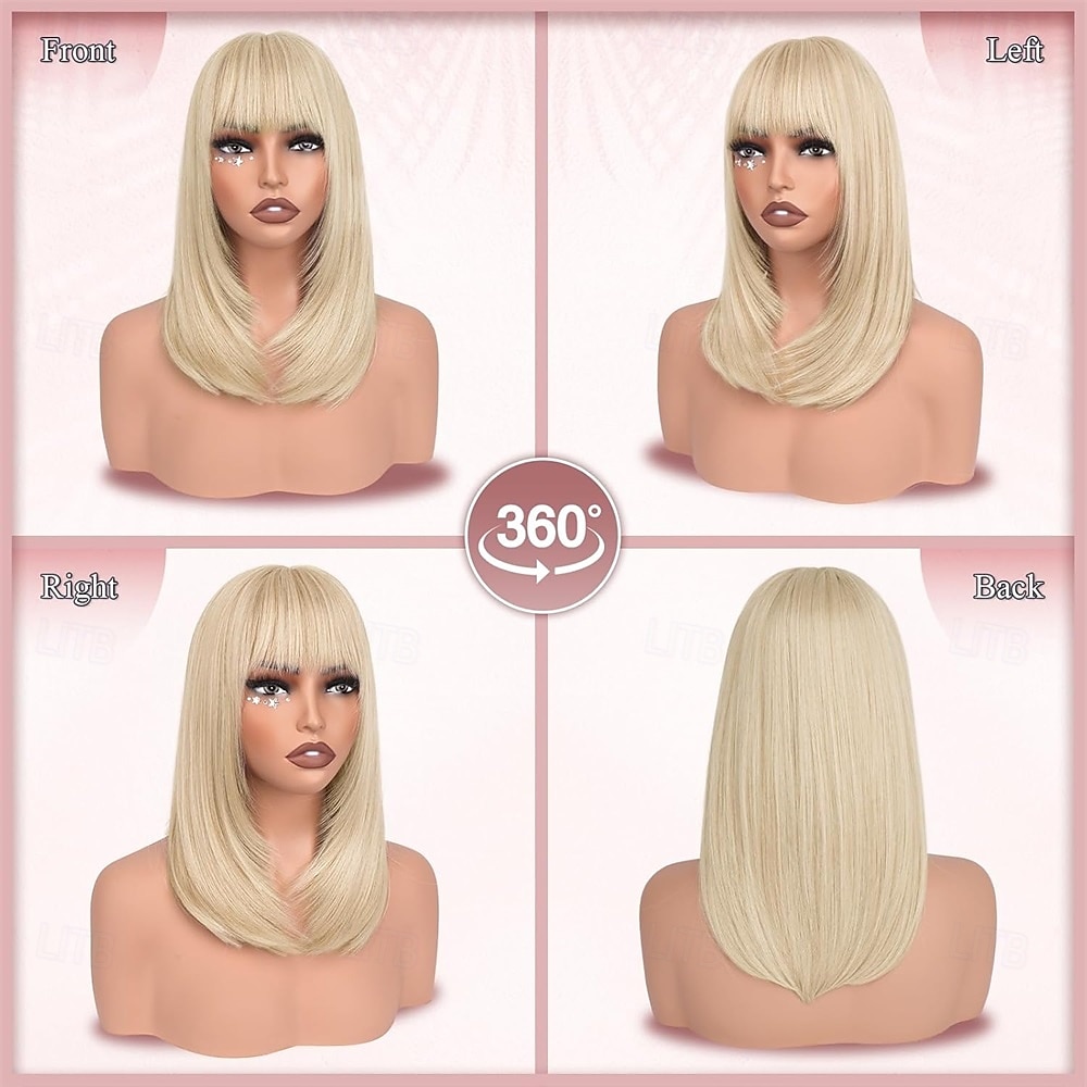 Парики из светлых волос боб с челкой, длиной до плеч, прямые, естественно выглядящие, синтетические, термостойкие, средние, для женщин, на каждый день, для вечеринок, 16 дюймов, платиновый блонд 2026 - $21.99 –P5