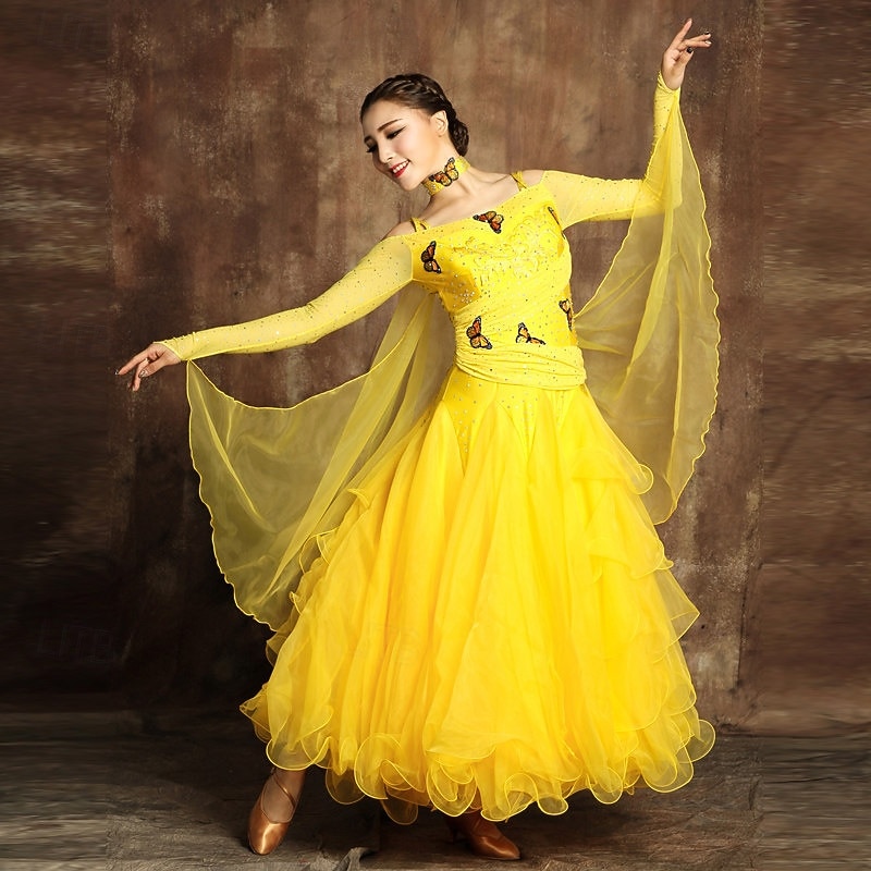 Женское платье для бальных танцев, вышитое стразами, с бабочкой, многослойное фатиновое, элегантное, для соревнований по вальсу, танго, фокстроту – небесно-голубое 2026 - $183.99 –P4