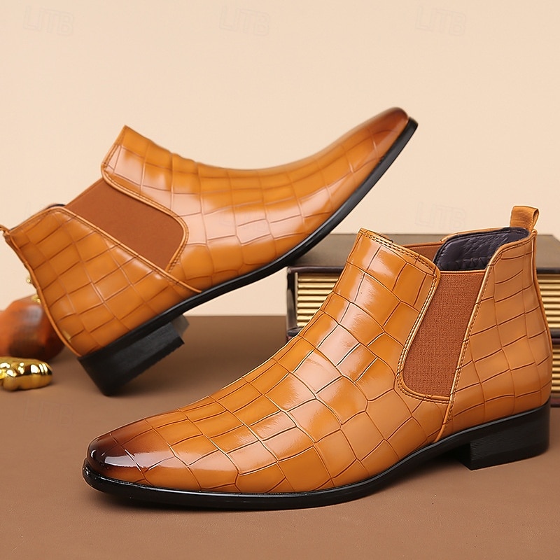 stivali chelsea da uomo in vera pelle sintetica color cuoio con pannelli laterali elastici e finitura liscia, eleganti stivaletti eleganti per lavoro, feste e occasioni formali del 2026 a $54.99 –P6