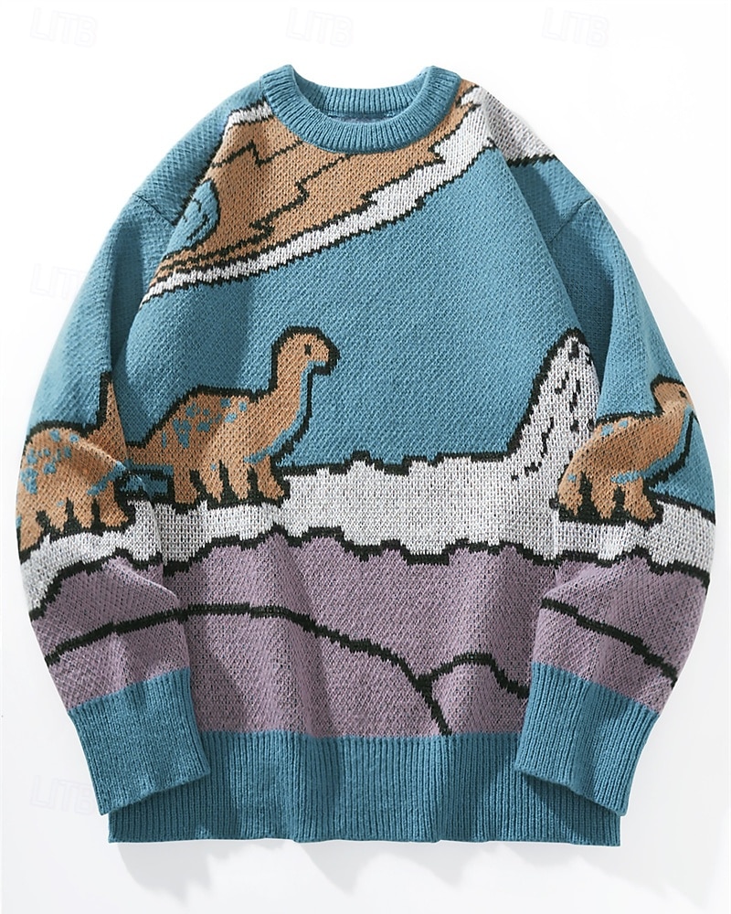 Herre Pullover genser Strikket genser Riflet Strikke Vanlige topper Strikket Dinosaur Crew-hals Mote Grunnleggende Feriereise Dagligdagstøy Klær Høst Vinter Lyseblå S M L 2026 - $36.99 –P3