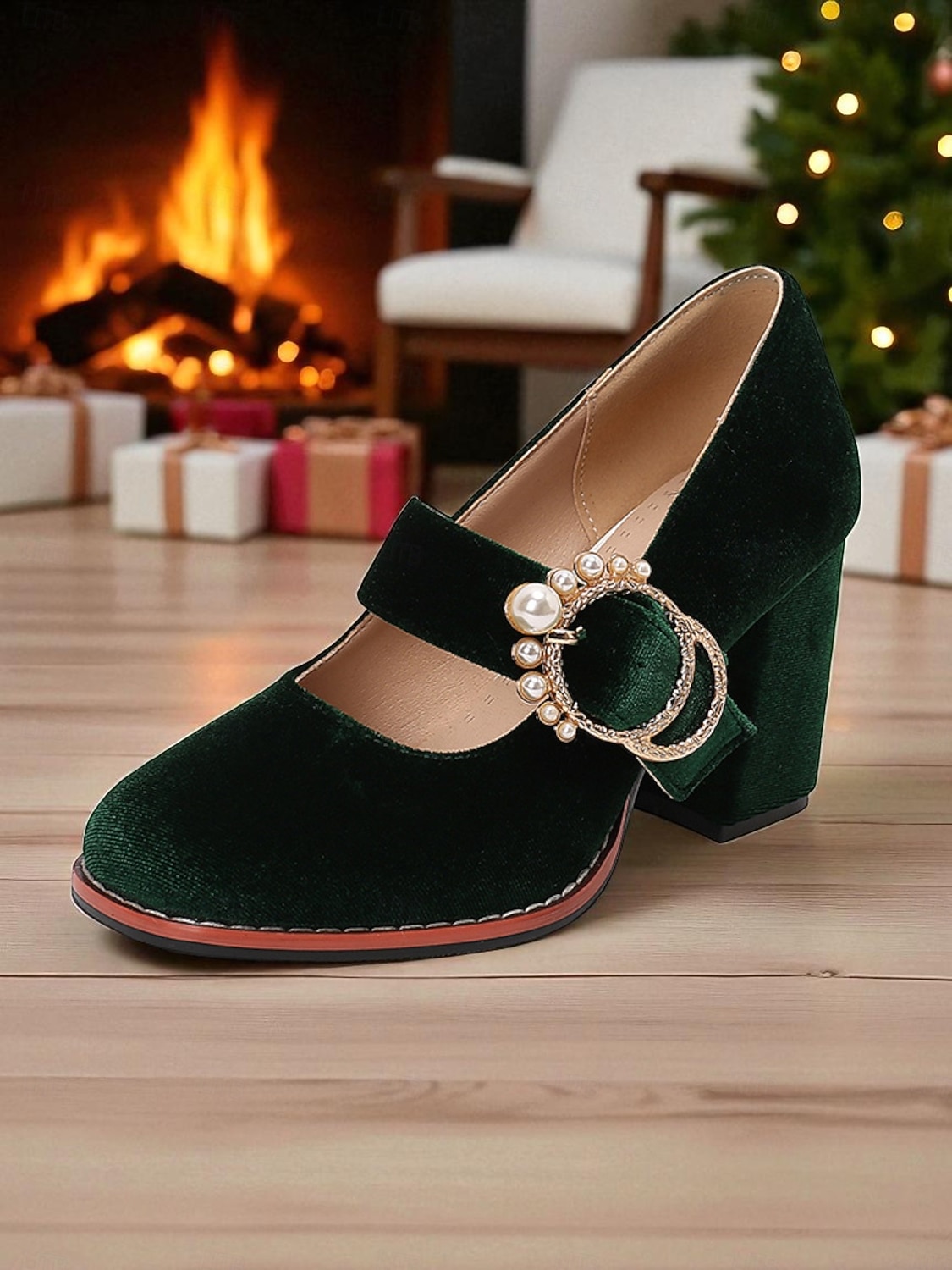 Gröna Mary Jane-klackar i sammet med grov blockklack och pärlspänne - vintage retro-skor från 1950-talet för damer, perfekta för julfester och bröllop. &kvällsevenemang 2026 - $54.99 –P3