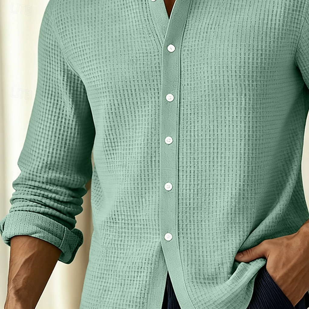 Men's Shirt Waffle Shirt Casual Shirt Button Up Shirt Black Wine Navy Blue Green Long Sleeve Plain Lapel Casual Daily Clothing Apparel Fashion Streetwear Casual 2026 - $25.99 –P3