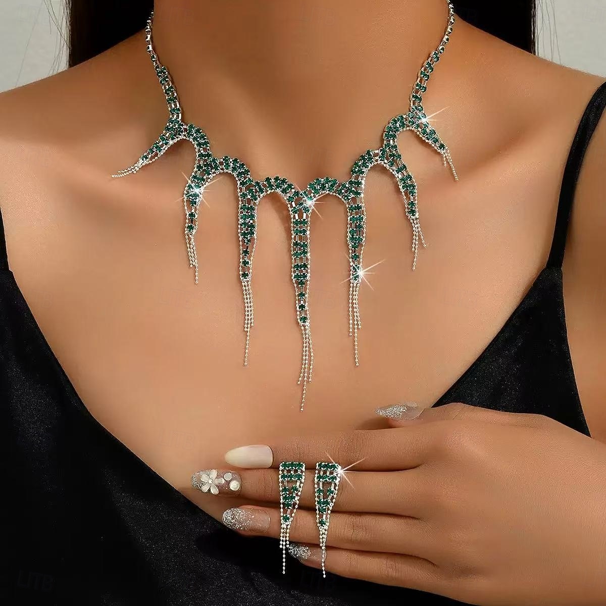 Женский комплект украшений со стразами зеленого цвета, включающий ожерелье и кольца для рождественской вечеринки, бала &вечерние мероприятия 2026 - $11.99 –P3