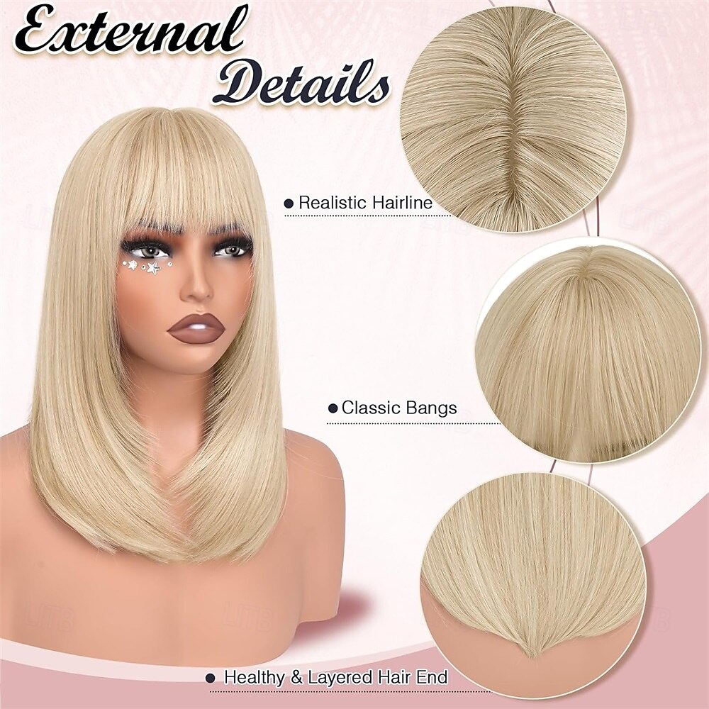 Парики из светлых волос боб с челкой, длиной до плеч, прямые, естественно выглядящие, синтетические, термостойкие, средние, для женщин, на каждый день, для вечеринок, 16 дюймов, платиновый блонд 2026 - $21.99 –P4