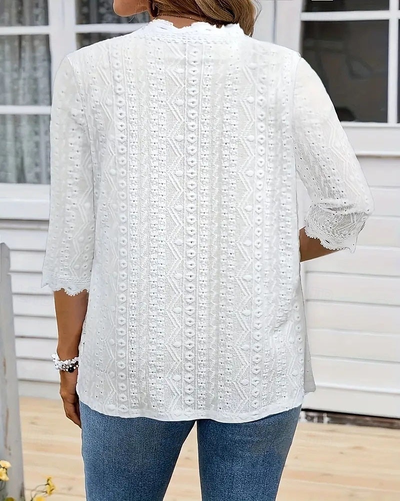 Mujer Camisa de encaje Blusa Tops elegantes Ribete de encaje Plano Elegante damas Clásico Media Manga Tops regulares Diario Trabajo Festivos Blanco Verano Primavera 2026 - $25.99 –P2