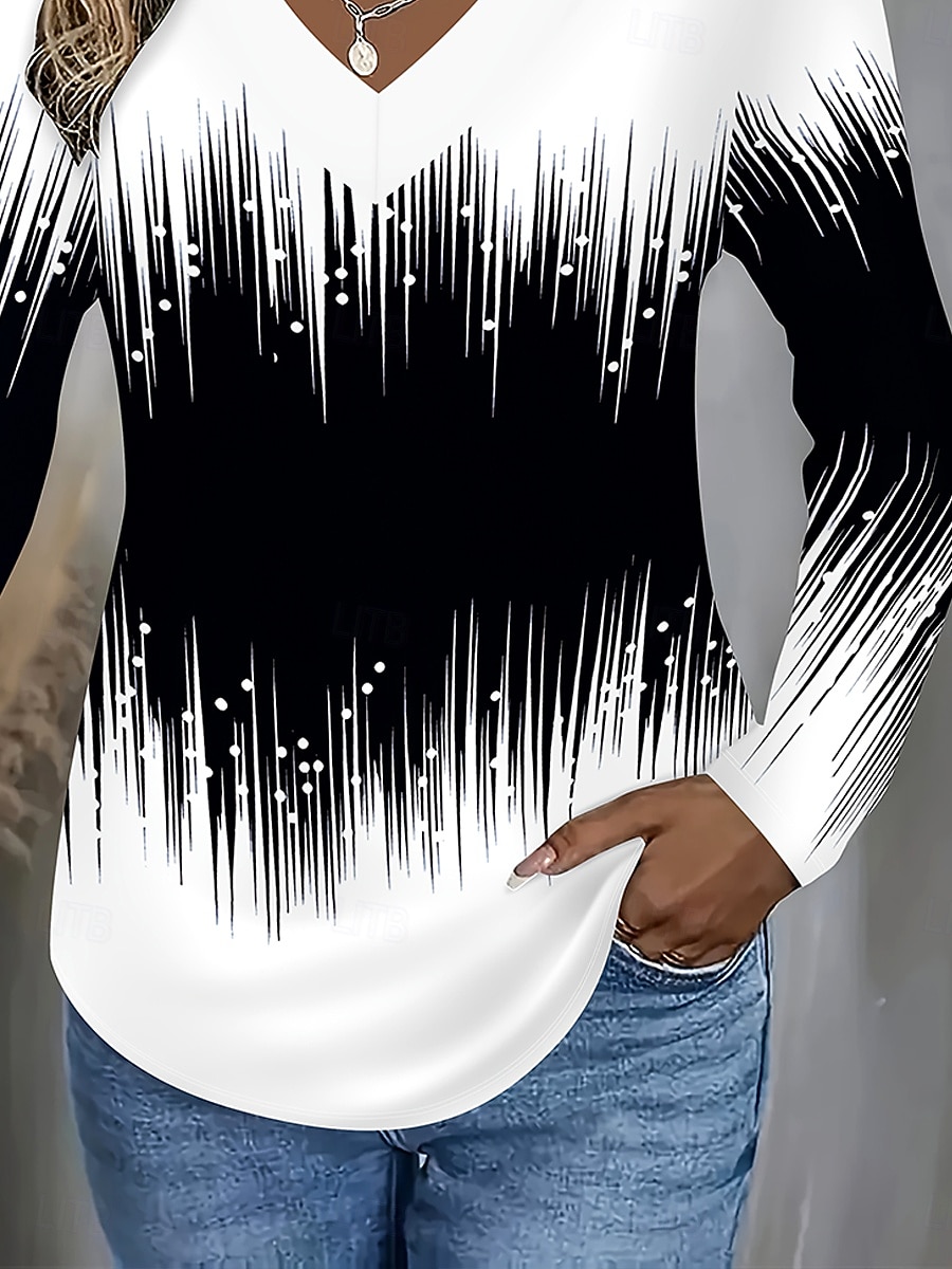 Damen T Shirt Druck Ombre Grafik Geometrisch Vintage Stilvoll Klassisch Langarm V Ausschnitt Normale Oberteile Täglich Schwarz Herbst Winter 2026 - $24.99 –P3