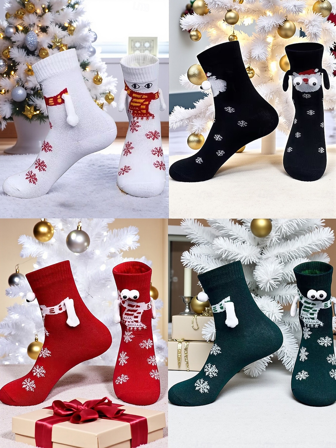 Женский рождественский комплект носков, 4 пары, снежинка &Зимние носки с оленями и помпонами, уютные вязаные короткие праздничные носки для подарков, дома &рождественские вечеринки 2026 - $18.99 –P1