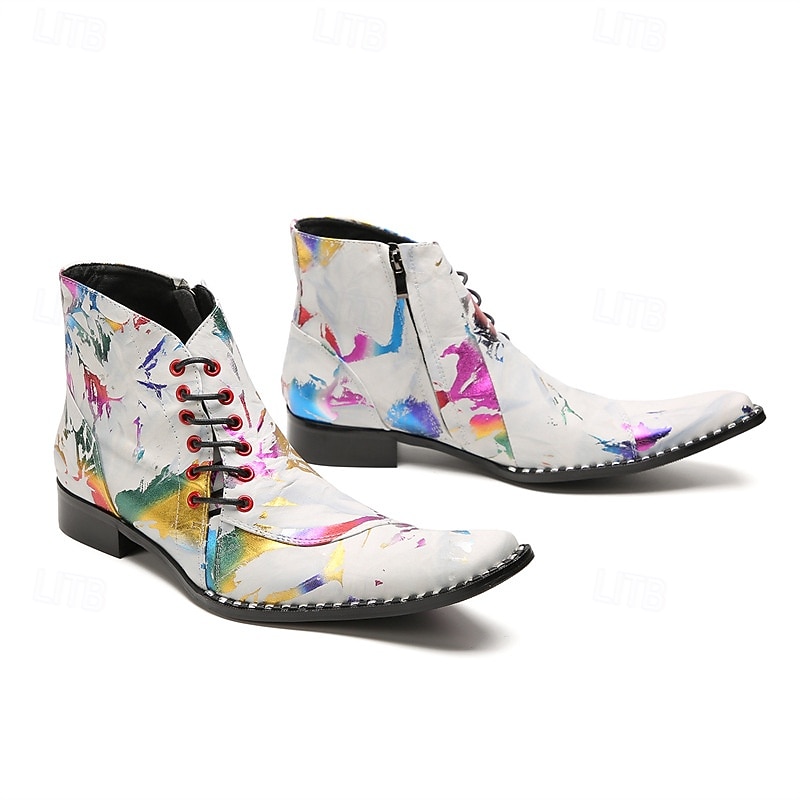 Botines de piel con efecto salpicado de pintura blanca para hombre, con cordones en la parte delantera y punta puntiaguda, botas artísticas de piel de vaca de moda para escenarios, clubes y fiestas. 2026 - $149.99 –P7