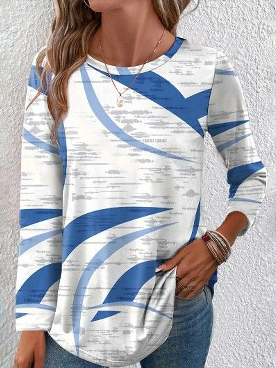 Femmes T-shirt A Ombre Graphique Géométrique ancien Mode Élégant manche longue Col ras du cou Col rond Hauts Réguliers Quotidien Week-end Imprimé Blanche Bleu Marron Été Printemps Automne de 2025 ? $22.99 –P3