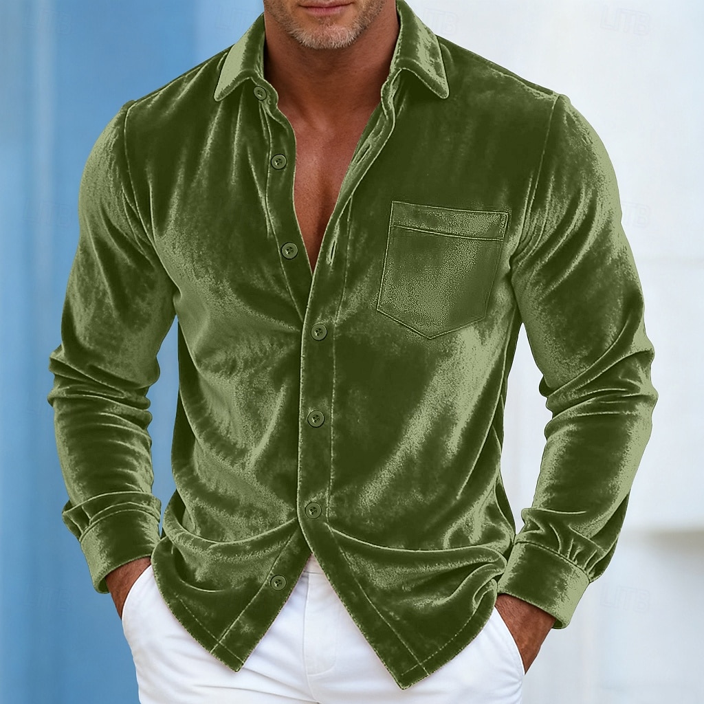 Per uomo Camicia Camicia casual Camicia di Natale Camicia di velluto Vino Blu reale Marrone Verde Manica Lunga Tinta unica Semplice Colletto a Camicia Carnevale Natale Tasca Abbigliamento Natale del 2026 a $25.99 –P4