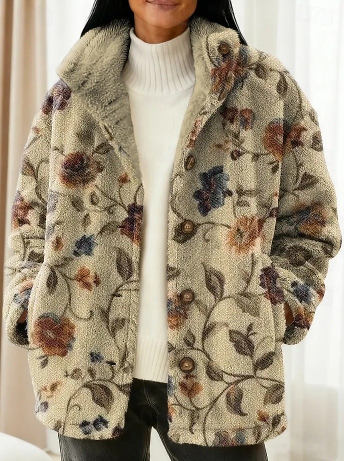 Women's Blazer Warm Comfortable Buttons Vintage Fashion Modern Casual Floral Vacation Home Casual Daily Short Stand Collar Regular Fit Long Sleeve Outerwear Black Dark Green Purple Fall Winter 2026 - $43.99 –P4