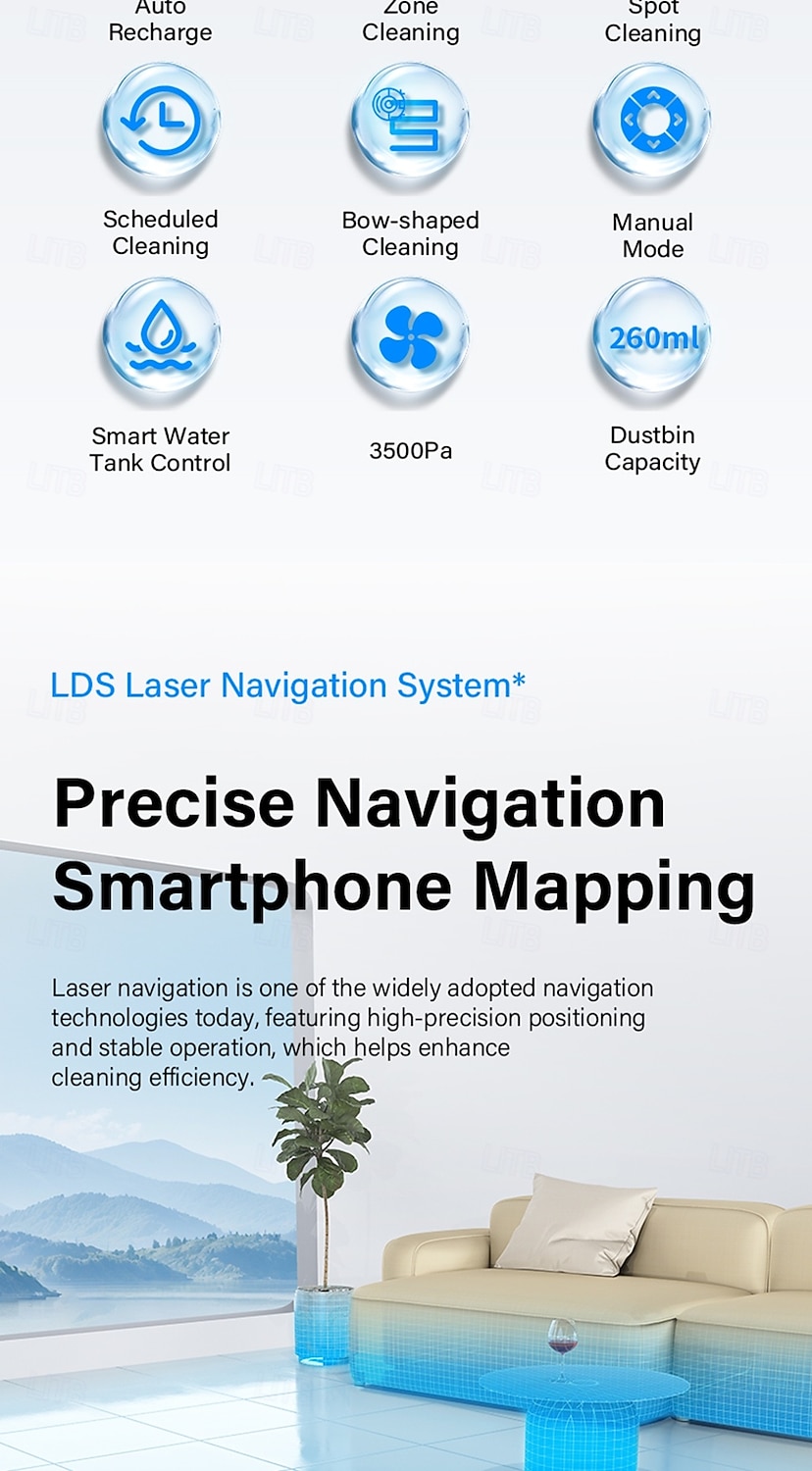 Sweeping and Mopping Robot Combo with LiDAR Navigation APP Operation Smart Mapping No-Mop Zones and Invisible Wall Settings Auto Charging Long-Lasting Battery Life 3500Pa Powerful Suction 2025 - $217.49 –P3