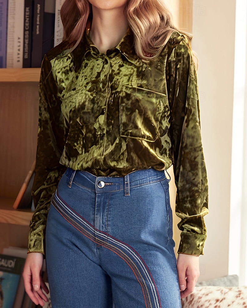 Γυναικεία Βελούδο Κομψή Φιλάρεσκος Μπλούζα Κουμπιά Σκέτο Βοημία Βίντατζ Καθημερινά Μακρυμάνικο Κολάρο Πουκαμίσου Κανονικά μπλουζάκια Καθημερινά Βραδινό Ρούχα για Πάρτυ Αργίες 2026 - $37.99 –P2