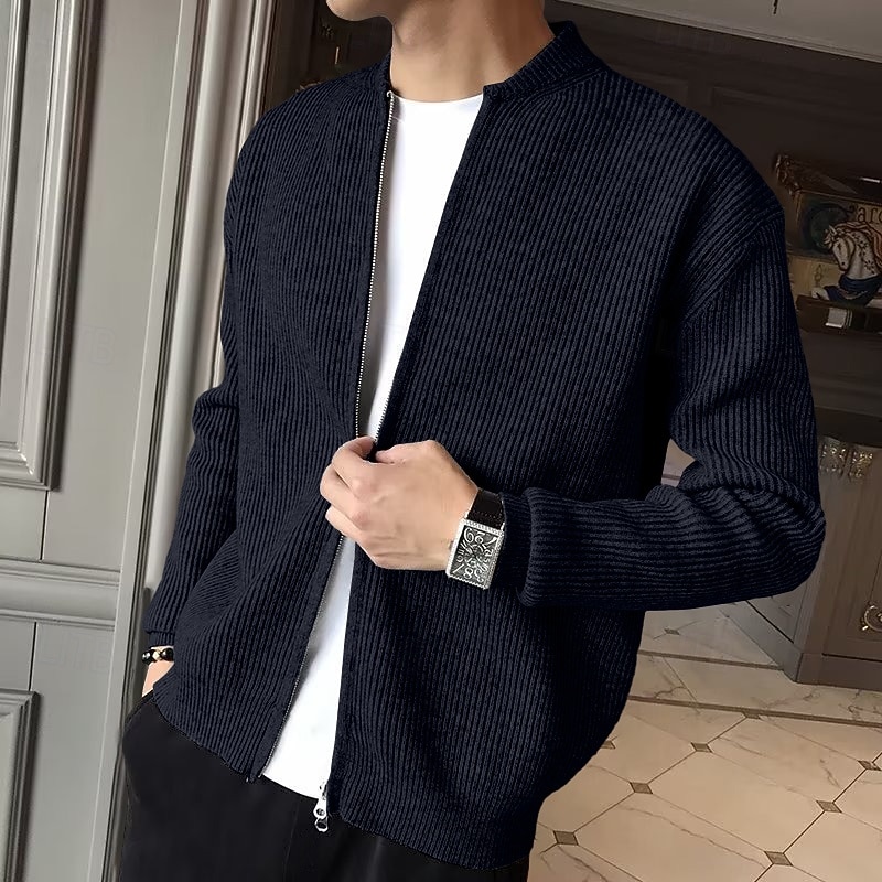 Hombre Pulóveres Chaqueta de Punto Jersey con cremallera Estriado Tejer Tops regulares De Punto Color sólido Cuello Mao Vacaciones Moda Casual Ropa Cotidiana Ropa Primavera & Otoño Negro Color Caquí 2026 - $26.99 –P4