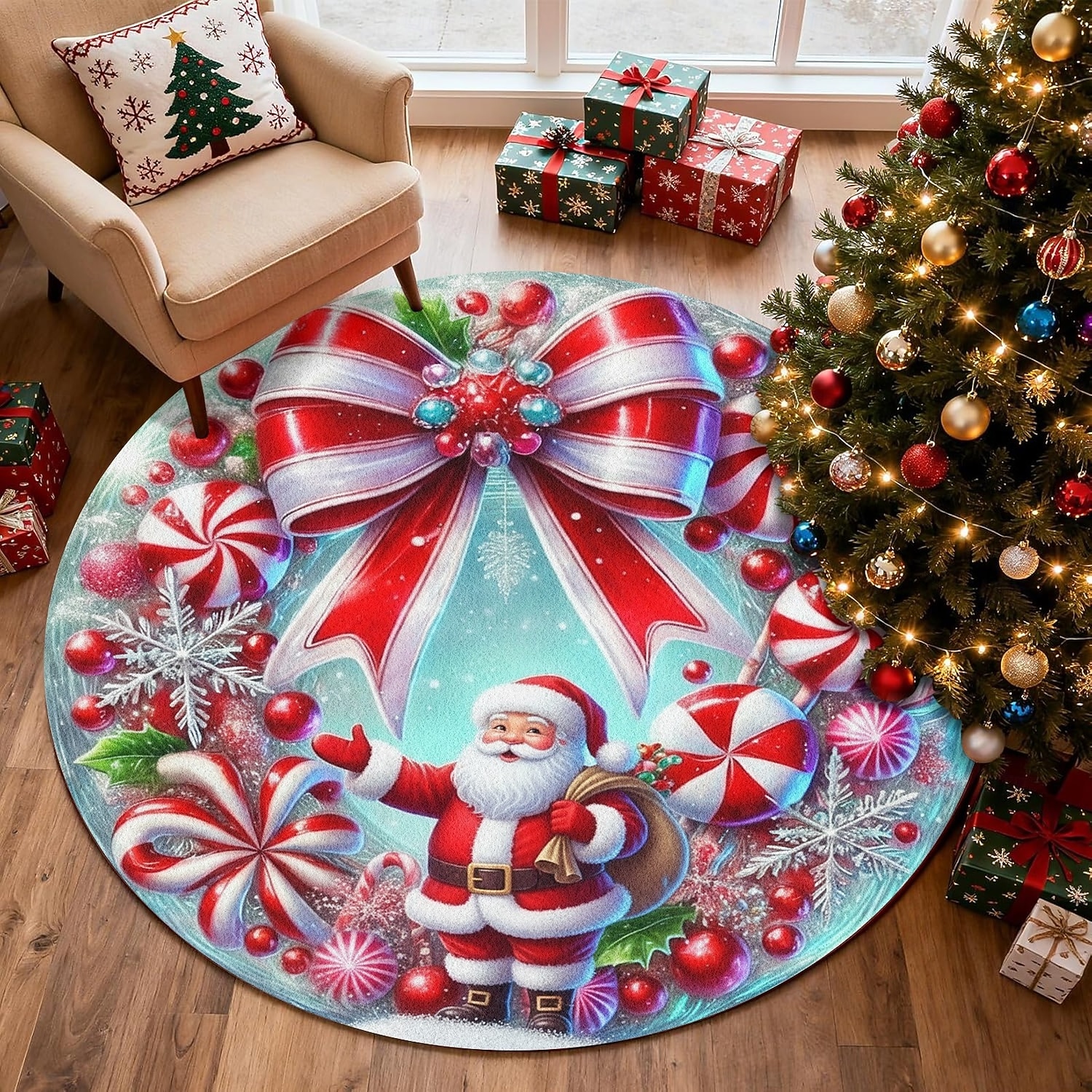 Julemann Rundt Område Teppe Stue Og Soverom Falsk Kasjmir God Jul Teppe Med Smågodt Stang Mykt Antiskli Maskinvaskbart Teppe Festlig Gulvmatte 4ft 2026 - $15.49 –P1