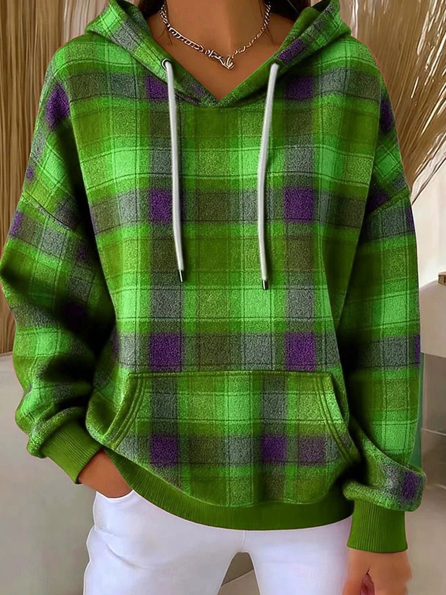 Mujer Sudadera con capucha Pullover Estampado Bolsillo delantero Graphic Geométrico Plaid Cálido Vintage Casual Manga Larga Con Capucha Tops regulares Casual Calle Uso Diario Azul Piscina Amarillo 2026 - $28.99 –P2