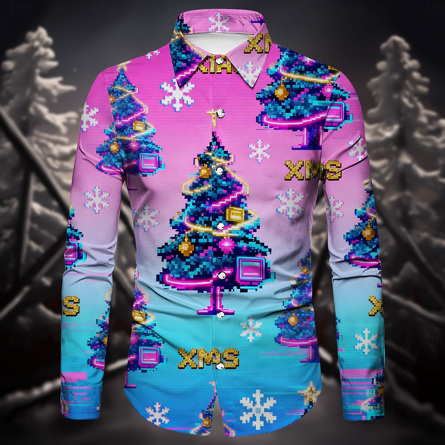 Karácsony Hosszú ujjak Gombos ing Karácsonyfák hópelyhek Grafikus Újdonságok Vicces mert Férfi Felnőttek 3D nyomtatás mert Karácsony Farsang Újév Parti 2025 - $29.99 –P1