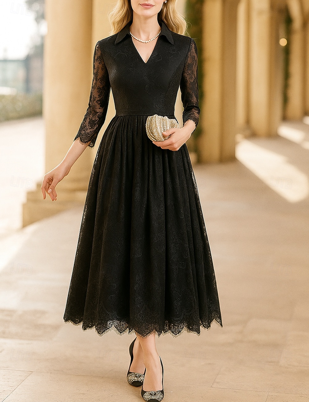 A-Linie Tee-Länge Partykleid Cocktailkleid Kleid für Hochzeitsgäste Brautmutterkleid Dreiviertelarm V Ausschnitt Elegant Formell Formeller Abend Hochzeitsfeier Tüll mit Spitze 2026 - $80.99 –P4