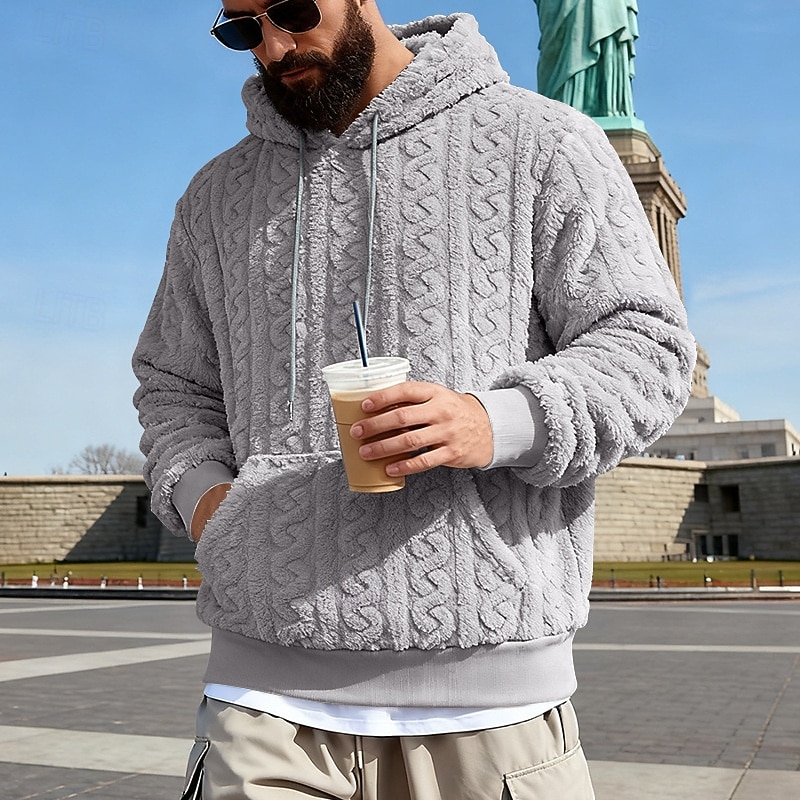 Men's Jacquard Hoodie Fleece Hoodie Apricot Black Brown Gray Light Blue Hooded Plain Kangaroo Pocket Textured Sports & Outdoor Casual Daily Streetwear Cool Sportswear Fall Winter Clothing Apparel 2026 - $28.99 –P4