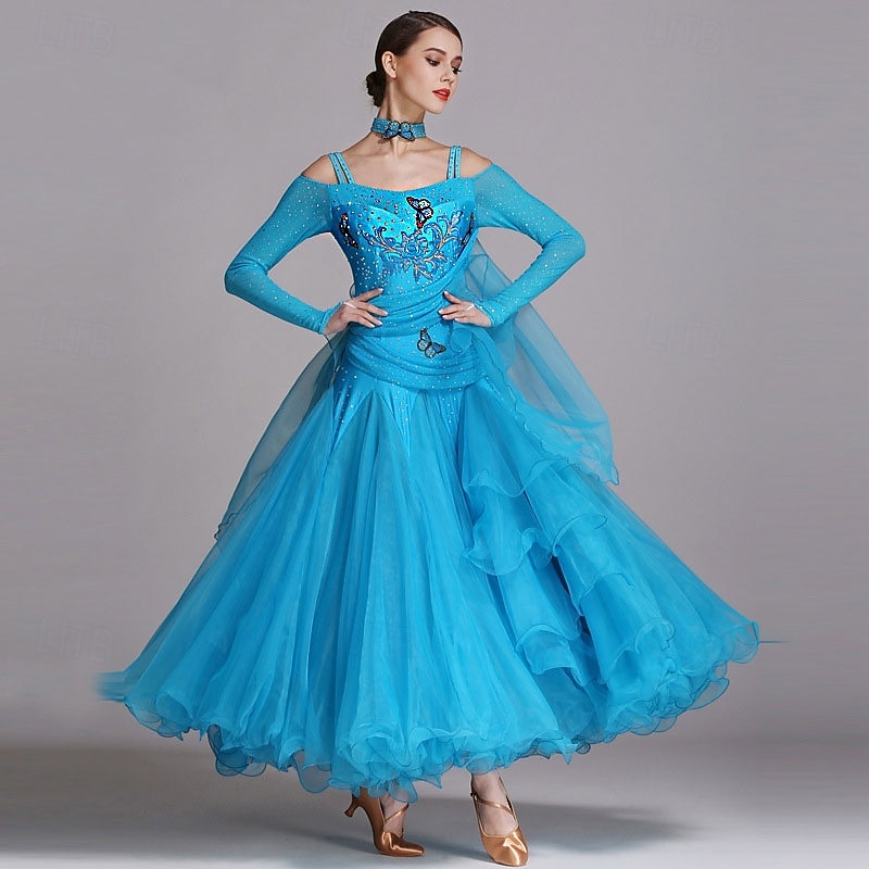 Женское платье для бальных танцев, вышитое стразами, с бабочкой, многослойное фатиновое, элегантное, для соревнований по вальсу, танго, фокстроту – небесно-голубое 2026 - $183.99 –P2