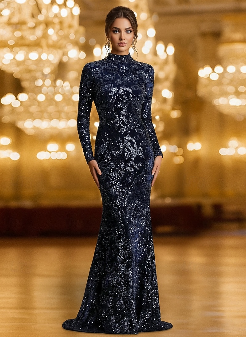 Havfrue Sweep Børste train Gulvlengde Ballkjoler Kveldskjoler Ballkjole Formell kjole Elegant Glitrende Ballkjoler Langermet Høyhalset Hage fest Bryllup Fløyel med Glimmer Paljett 2026 - $195.99 –P1