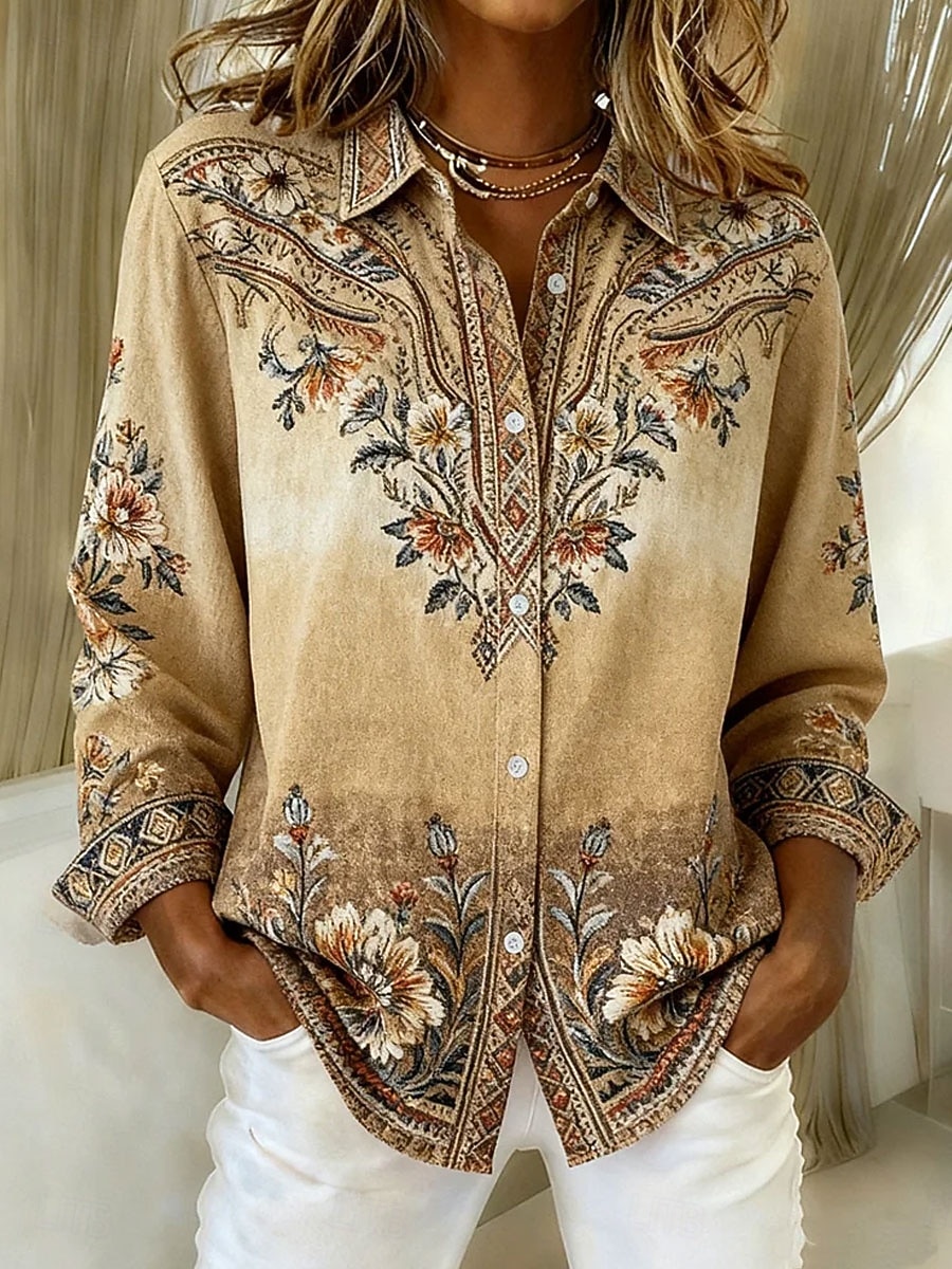 Damenhemd Leinenähnlich Atmungsaktiv Leicht Florales Grafik Paisley Elegant Stilvoll Modern Lange Ärmeln Hemd Kragen Reguläre Tops Arbeit Druck Gelb Khaki Beige Frühling Herbst Winter 2026 - $37.99 –P1