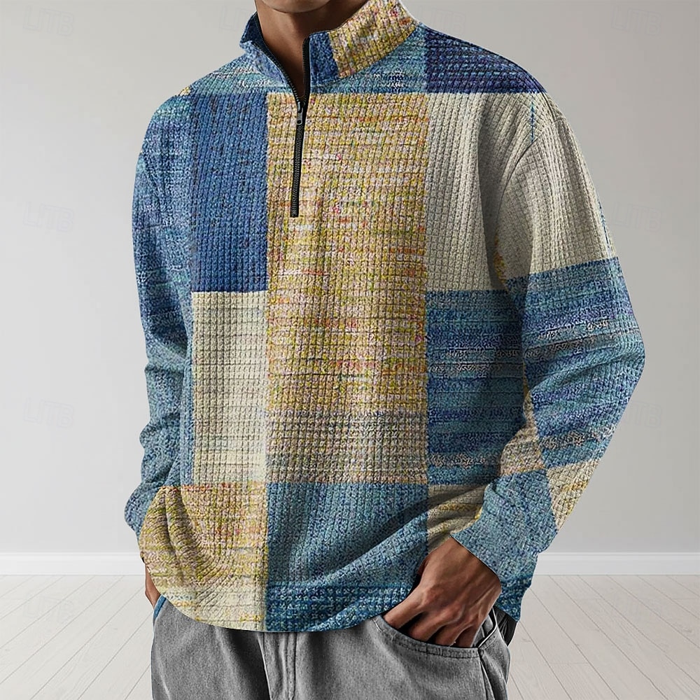 Men's Plaid Sweatshirt Fashion Daily Classic Casual Long Sleeve Stand Collar Quarter Zip Outdoor Home Office Work Blue Purple Green Zip Up Fall Winter Designer S M L XL XXL XXXL 2026 - $28.99 –P1