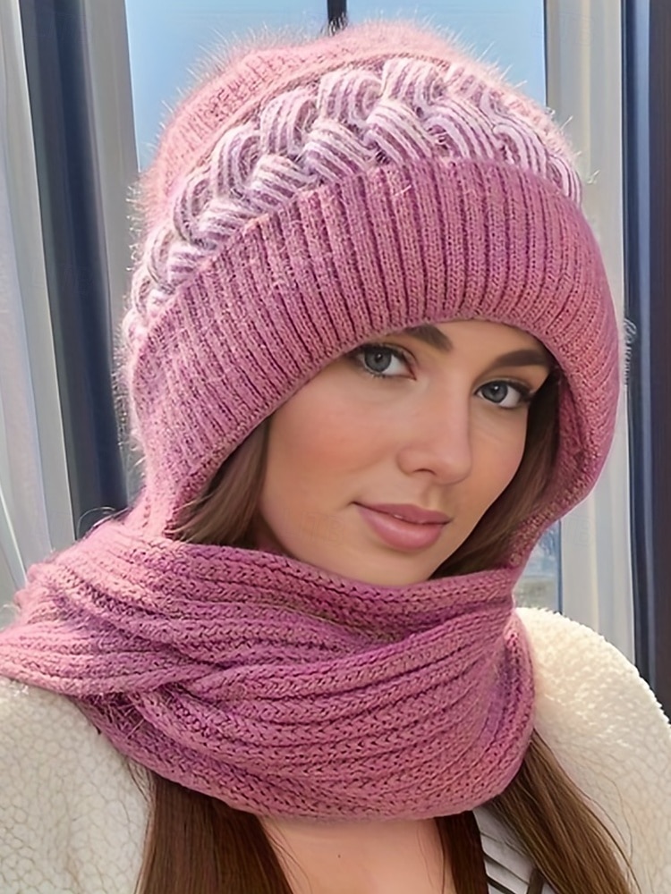 Dame vinterstrikklue-skjerfsett med pompong, fleecefôret 2-i-1-lue og halsvarmer, koselig og varmt utendørstilbehør for kaldt vær og julegaver 2026 - $11.99 –P4