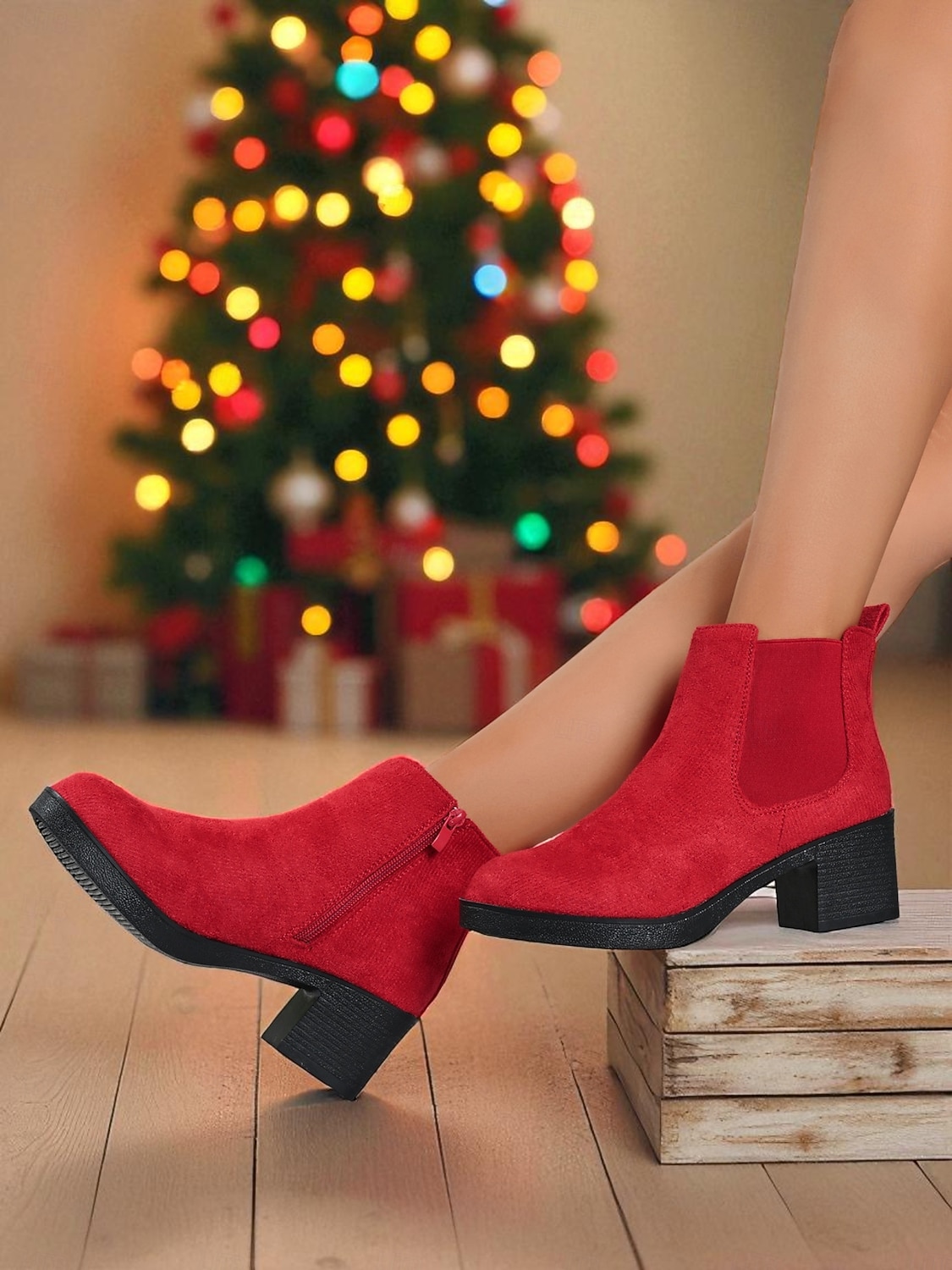 Botas femininas vermelhas com zíper no tornozelo - botas estilosas de salto grosso em camurça sintética para o Natal, escritório e passeios casuais de 2026 por $34.99 –P1